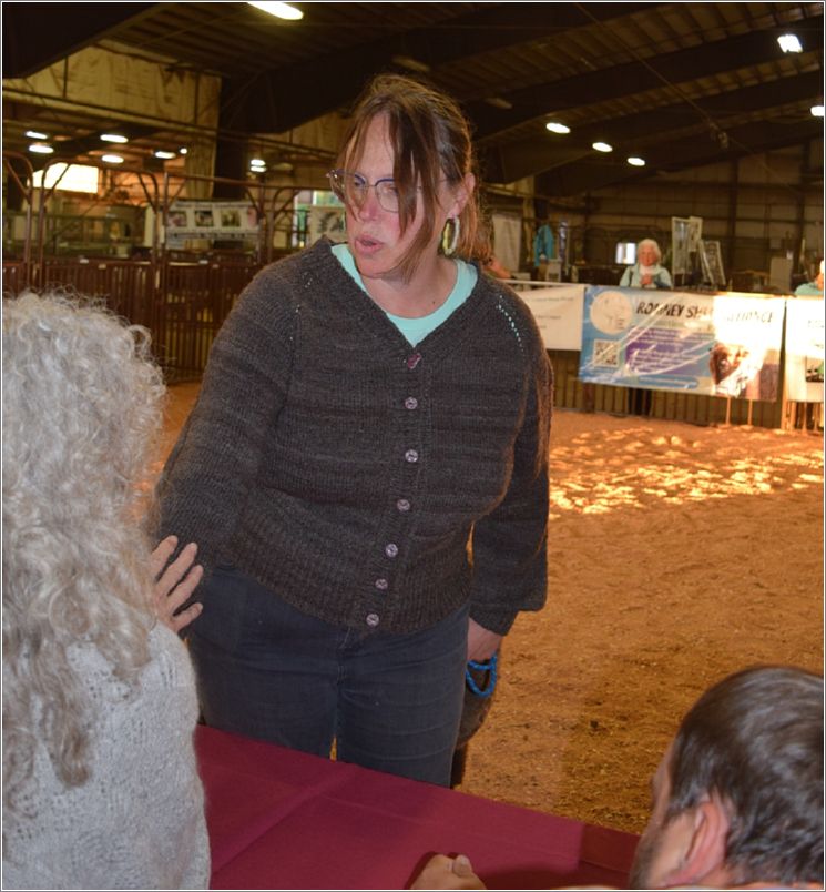 Laurel Stone models her Merino fleece hand-knit sweater. Photo: Peggy Lundquist.